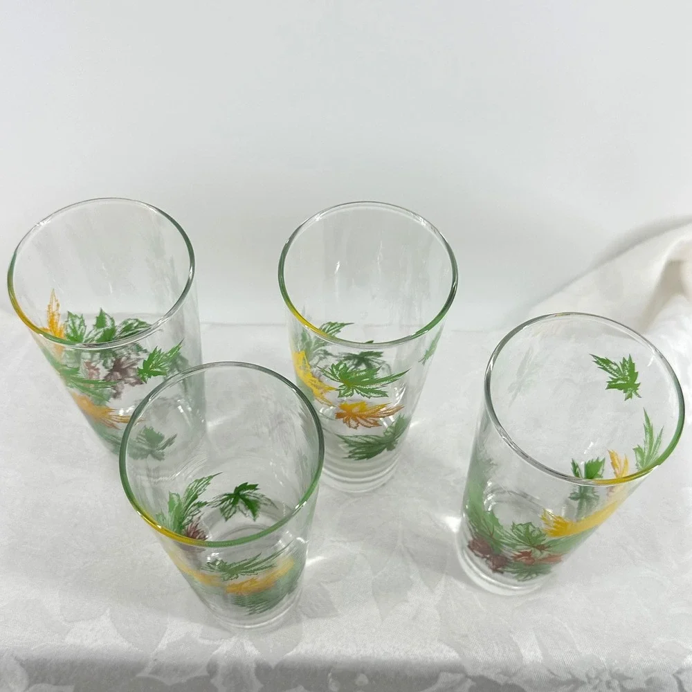 Vintage Maple Leaf Fall Tall Tumblers Clear Green Yellow Brown Set 4 Salem MCM